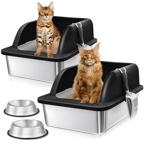 KareCute 2 Pack Katzentoilette aus Edelstahl mit Deckel, extra große Katzentoilette, XL große Metalltoilette für große Katzen mit hohem Rand, Schwarz von KareCute