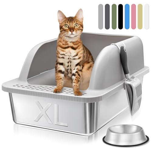 KareCute Katzentoilette aus Edelstahl mit Deckel, 61 x 40,6 x 30,5 cm, Metall-Katzentoilette, antihaftbeschichtet, hohe Seiten, extra große Katzentoilette, Geruchskontrolle, leicht zu reinigen, Grau von KareCute