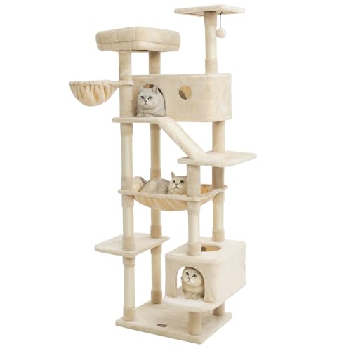 Karolpar 185,4 cm großer Katzenbaum für Indoor-Katzen, hoher Katzenturm mit Sisal-Kratzstämmen und Pads, gepolsterte Plüsch-Sitzstange, gemütlicher Korb, Plüsch-Condo für große Katzen (Beige) von Karolpar