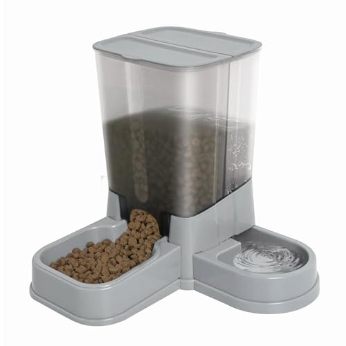 Automatischer 2-in-1 Futterautomat für Haustiere, Abnehmbarer Futter und Wasserspender für Katzen und Kleine Hunde, Futterstation für unterwegs zu Hause (Grau) von Kassiva