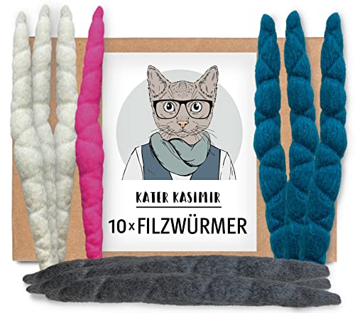10 handgerollte Filzwürmchen aus 100% Schurwolle. In Deutschland mit Liebe gefertigtes nachhaltiges Katzenspielzeug aus regionalem Naturmaterial. von Kater Kasimir