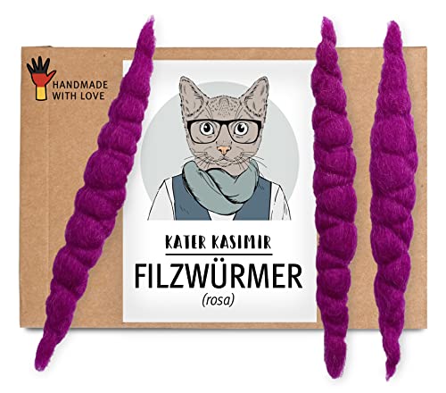 3 Pinke Filzwürmchen, handgerollt aus 100% Schurwolle. In Deutschland mit Liebe gefertigtes nachhaltiges pinkes Katzenspielzeug, 3er Set von Kater Kasimir