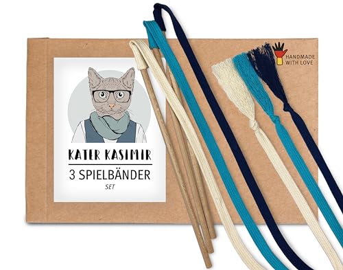 3 Premium Katzenangeln mit Buchenholz-Stab und Baumwollbändern (weiß, türkis, dunkelblau). In Deutschland von Hand und mit Liebe gefertigtes nachhaltiges Katzenspielzeug von Kater Kasimir