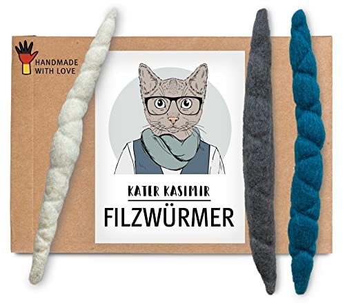 3 handgerollte Filzwürmchen I Katzenspielzeug aus 100% Wolle I Nachhaltiges Spielzeug für Katzen | Natürliche Spielbälle für Katzen | Katzen Spielsachen aus deutscher Handarbeit | Katzenbälle aus Filz von Kater Kasimir