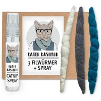 Kater Kasimir 3 Filzwürmchen (handgerollt) aus Schurwolle + 1 Mini-Flasche Katzenminze-Spray von Kater Kasimir