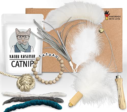 Kater Kasimir Katzenspielzeug Deluxe Set mit Katzenangel, Ersatzanhängern, Katzenball, Katzenminze, Affenfaust und Filzwürmchen. Plus extra CATDAD Armband von Kater Kasimir