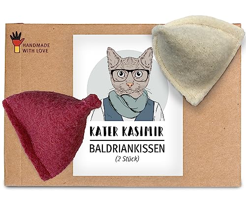 Premium Baldrian Kissen für Katzen (2er Set). In Deutschland von Hand und mit Liebe gefertigtes nachhaltiges Katzenspielzeug mit Katzenminze in Premium-Qualität von Kater Kasimir