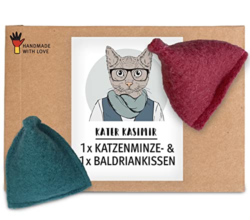 Premium Baldrian Kissen für Katzen und Katzenminze Kissen (2er Set). In Deutschland von Hand und mit Liebe gefertigtes nachhaltiges Katzenspielzeug mit Katzenminze in Premium-Qualität von Kater Kasimir