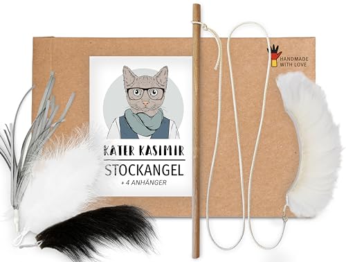 Katzenangel Set (4 tauschbare Anhänger), Spielangel für Katzen. Die Angel besteht aus Holz, ist lang und stabil von Kater Kasimir