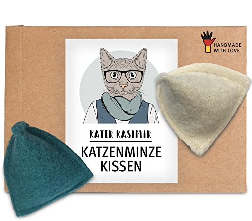 Premium Katzenminze Kissen aus echtem Wollfilz. In Deutschland von Hand und mit Liebe gefertigtes nachhaltiges Katzenspielzeug. 2er Set. Interaktives Katzenspielzeug von Kater Kasimir