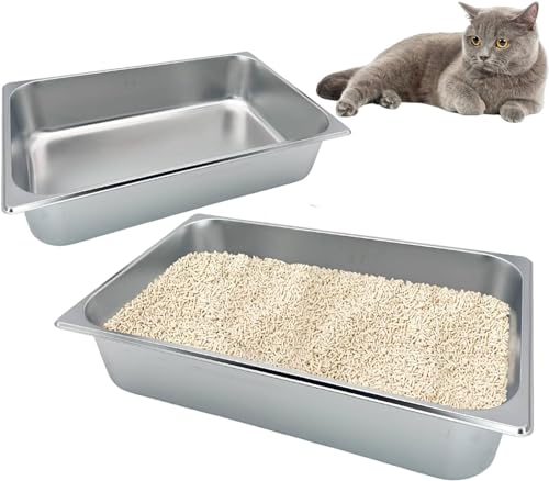 Kathson 2PCS Edelstahl-Katzentoilette, groß mit hohen Seiten und rutschfeste Gummifüße Katzenklo Antihaft Glatte Oberfläche Katzenklo langlebiges Zubehör 20,8" L x 13" W x 4" H von Kathson