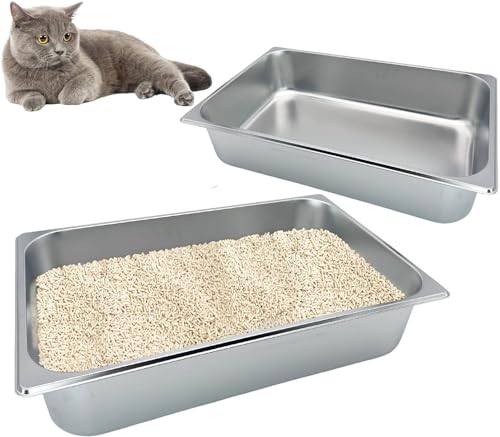 Kathson 2PCS Katzentoilette aus Edelstahl, große Größe mit hohen Seiten und Anti-Rutsch-Gummi-Füße Katzentoilette Antihaft glatte Oberfläche Streu Pan langlebig Kätzchen liefert 20,8 "L x 13" W x 6" H von Kathson