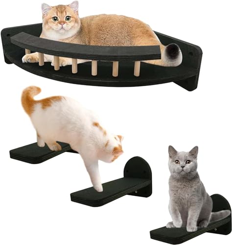 Kathson Katzen-Wandbett, Katzenwandregale mit 3 Stufen, Eck-Katzen-Kletterregal, Sitzstangen, Set, Möbel, Plüschbezogen, Katzenhängematte, moderner Katzenkratzbaum für den Innenbereich, Schwarz von Kathson