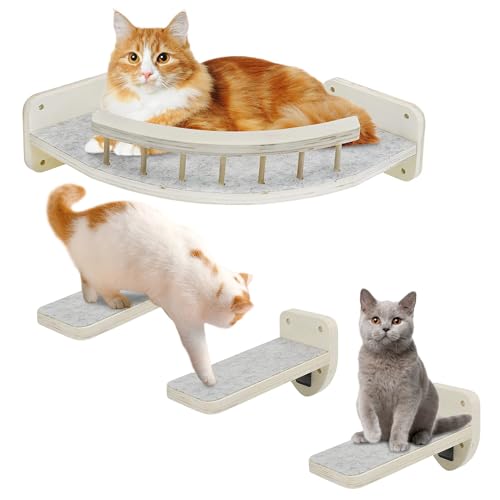 Kathson Premium Kletterwand Katzen Set, hölzerne Katze Wandregale mit 3 Schritten, Ecke Katze Klettern Regal Barsch Set Möbel Plüsch bedeckt Katze Hängematte Moderne Katze Kratzbaum für innen von Kathson