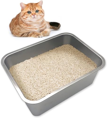 kathson Katzentoilette aus Edelstahl, glatte Katzentoilette für Katzen und Kaninchen, Metall-Klo, hohe Seiten, kein Geruch, antihaftbeschichtete Oberfläche, leicht zu reinigen, 39,9 cm L x 30 cm B x von Kathson