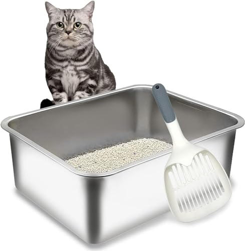 kathson Katzentoilette aus Edelstahl, glatte Katzentoilette für Katzen und Kaninchen, Metall-Klo, hohe Seiten, kein Geruch, antihaftbeschichtete Oberfläche, leicht zu reinigen, 50 cm L x 35,1 cm B x von Kathson