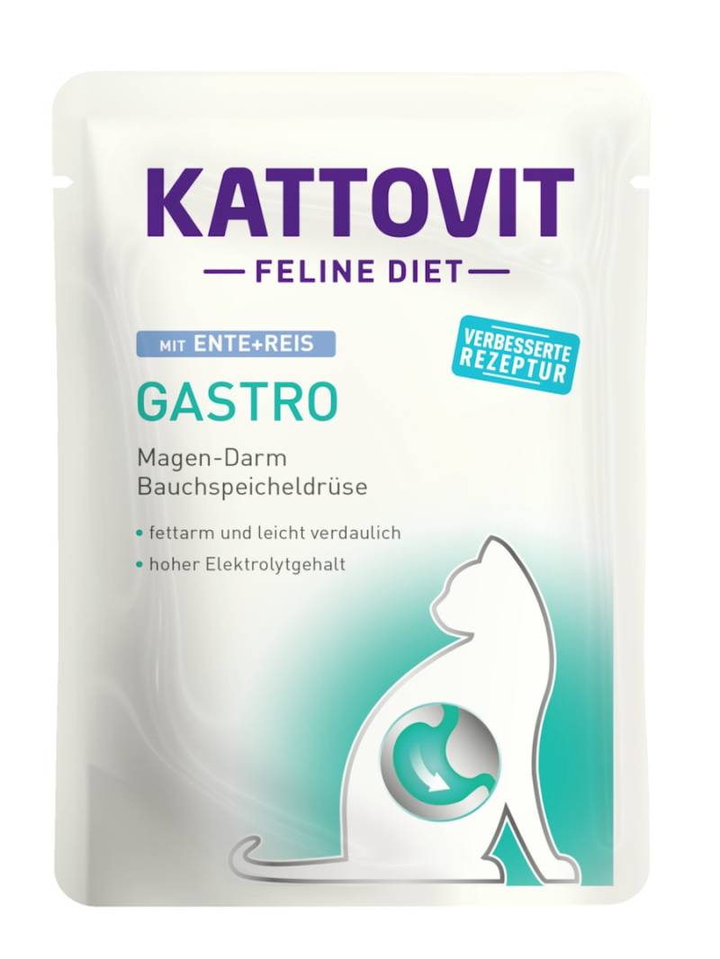 KATTOVIT Feline Diet Gastro 85g Beutel Katzennassfutter Diätnahrung Sparpaket 48 x 85 Gramm Ente & Reis