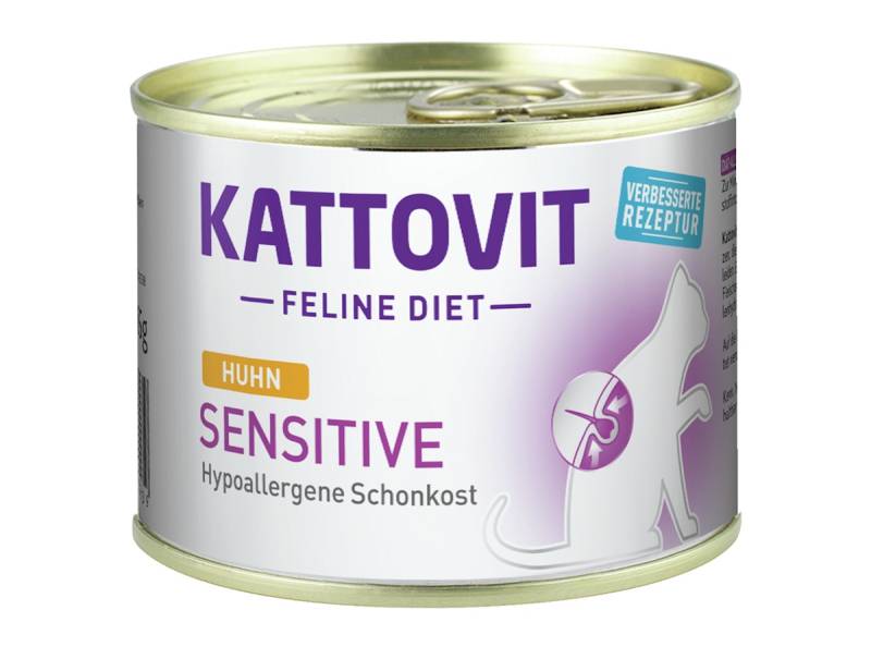 KATTOVIT Feline Diet Sensitive (hypoallergene Schonkost) 185g Dose Katzennassfutter Diätnahrung Sparpaket 24 x 185 Gramm mit Huhn