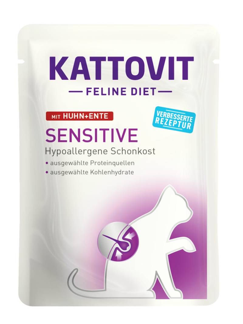 KATTOVIT Feline Diet Sensitive 85g Beutel Katzennassfutter Diätnahrung Sparpaket 48 x 85 Gramm Huhn & Ente