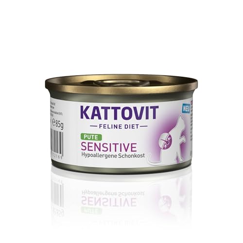 Kattovit - Sensitive Nassfutter für Katzen | Diät-Katzenfutter als Alleinfuttermittel. Gluten- & getreidefreies Katzen-Nassfutter in der Dose. Hypoallergen, für ausgewachsene Katzen | 12 x 85 g Pute von Kattovit