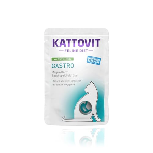 Kattovit - Gastro Nassfutter für Katzen | Katzen-Nassfutter zur Unterstützung des Magen-Darm-Systems | Diät-Alleinfuttermittel im Frischebeutel für ausgewachsene Katzen | 24 x 85 g Pute mit Reis von Kattovit