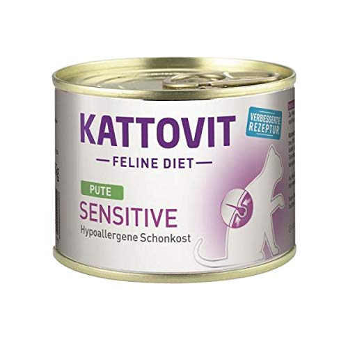 KATTOVIT - Sensitive Nassfutter für Katzen | Diät-Katzenfutter als Alleinfuttermittel. Gluten- & getreidefreies Katzen-Nassfutter in der Dose. Hypoallergen, für ausgewachsene Katzen | 12 x 185 g Pute von Kattovit