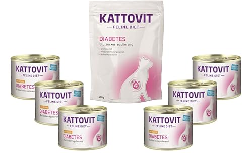 Kattovit Feline Diet Diabetes/Gewicht Bundle | 6X 185g Nassfutter & 400g Trockenfutter für Katzen | Diätnahrung zur Regulierung der Glucoseversorgung sowie Verringerung von Übergewicht von Kattovit