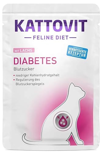 Kattovit Feline Diet Diabetes/Gewicht 12 x 85 g Lachs | Diät-Nassfutter für Katzen mit Diabetes | fettarm | ballaststoffreich | mit L-Carnitin für Gewichtsmanagement von Kattovit