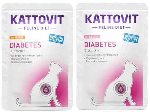 Kattovit Feline Diet Diabetes/Gewicht 20 x 85 g Mixpaket | Diät-Nassfutter für Katzen mit Diabetes | 10x Huhn & 10x Lachs | fettarm | ballaststoffreich | mit L-Carnitin für Gewichtsmanagement von Kattovit