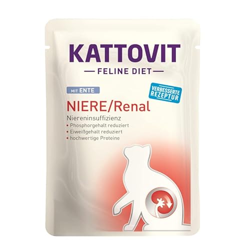 Kattovit Feline Diet Niere/Renal Ente 20 x 85g | Plus 2 Sachets Spezial-Cream Gratis dazu | zur Unterstützung der Nierenfunktion | 4 Sorten zur Auswahl | Nassfutter für Katzen im Pouchebeutel von Kattovit