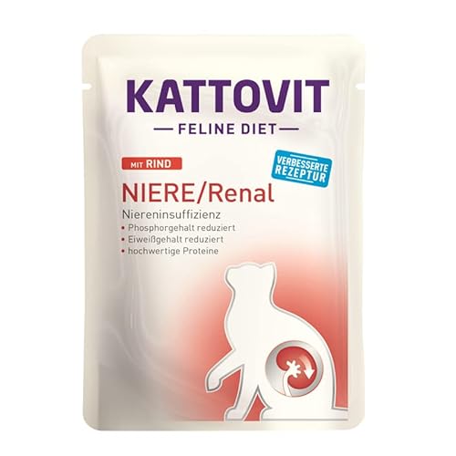 Kattovit Feline Diet Niere/Renal RIND 20 x 85g | Plus 2 Sachets Spezial-Cream Gratis dazu | zur Unterstützung der Nierenfunktion | 4 Sorten zur Auswahl | Nassfutter für Katzen im Pouchebeutel von Kattovit