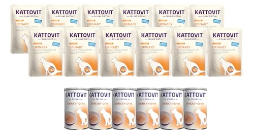 Kattovit Feline Diet Urinary Huhn | 12 x 85g Nassfutter & 6 x 135ml Drink | Diätfutter für ausgewachsene Katzen mit Harnwegserkrankungen | zarte Stückchen in Sauce | C-Rezeptur von Kattovit