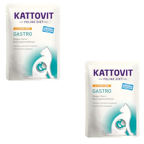 Kattovit Gastro Huhn & Reis | Doppelpack | 2 x 24 x 85 g | Diät-Alleinfuttermittel für ausgewachsene Katzen | Zum Ausgleich bei Verdauungsproblemen | Fettarm und gut verdaulich von Kattovit