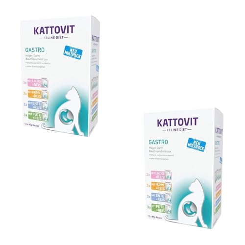 Kattovit Gastro Multipack | Doppelpack | 2 x 12 x 85 g | Diät-Alleinfuttermittel für Katzen mit 4 verschiedenen Sorten im Frischebeutel | Bei Problemen mit dem Magen-Darm-Trakt von Kattovit