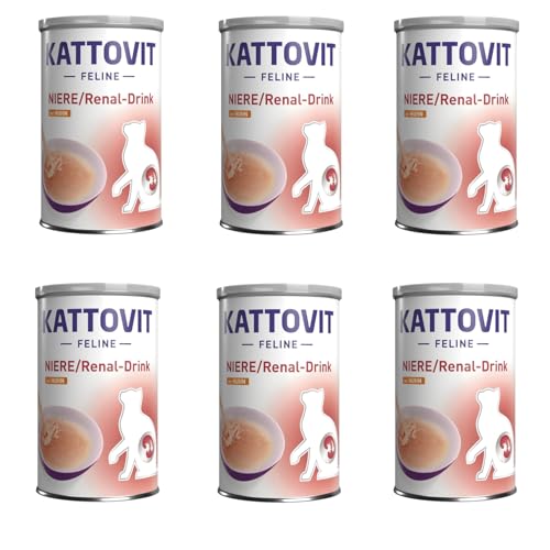 Kattovit Niere/Renal-Drink Huhn | 6er Pack | 6 x 135 ml | Ergänzungsfuttermittel für ausgewachsene Katzen | Fleischstückchen mit Huhn | Zur Unterstützung der Nierenfunktion von Kattovit