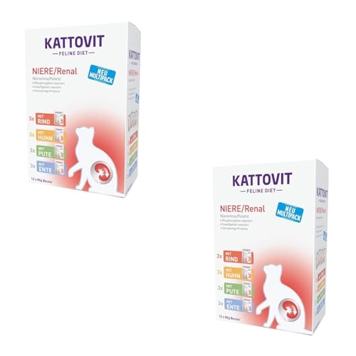 Kattovit Niere/Renal Multipack | Doppelpack | 2 x 12 x 85 g | Diät-Alleinfuttermittel für Katzen mit 4 verschiedenen Sorten im Frischebeutel | Zur Untersützung der Nierenfunktion von Kattovit