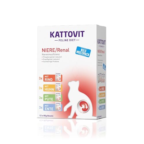 Kattovit - Niere/Renal Multipack Nassfutter für Katzen | Katzen-Nassfutter zur Unterstützung der Nierenfunktion für ausgewachsene Katzen. Diätfutter als Alleinfuttermittel im Frischebeutel | 12 x 85g von Kattovit