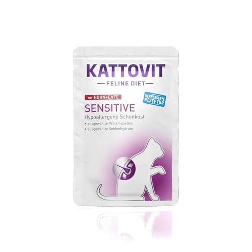 Kattovit - Sensitive Nassfutter für Katzen | Katzenfutter als Alleinfuttermittel im Frischebeutel. Hypoallergenes Katzen-Nassfutter für ausgewachsene Katzen | 24 x 85 g Huhn und Ente von Kattovit