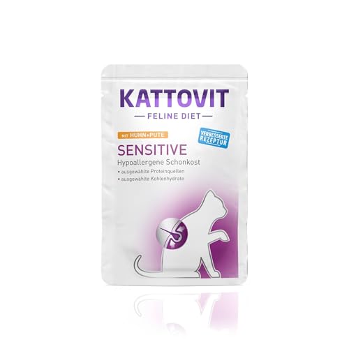 Kattovit - Sensitive Nassfutter für Katzen | Katzenfutter als Alleinfuttermittel im Frischebeutel. Hypoallergenes Katzen-Nassfutter für ausgewachsene Katzen | 24 x 85 g Huhn und Pute von Kattovit