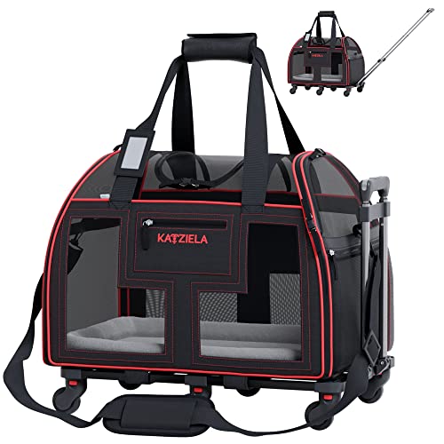 Rolling Pet Carrier Airline Approved - Pet Carrier with Wheels - Luxury Lorry - Deluxe TSA Approved Cat Carrier with Wheels - Small Airline Approved Dog Carrier Trolley - Plane Carry On Bag - Red von Katziela