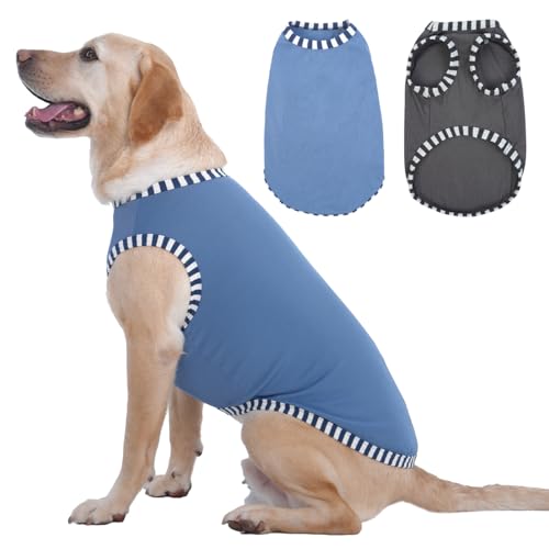 Katzinst 2 Pack Hunde-Shirts, Shirt für Großer Hunde, Ärmellose Weste Gestreifte Ärmel Hundekostüme, Sommer Shirt für Labrador Golden Retriever Border Collie Grau, Blau 3XL von Katzinst