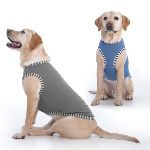 Katzinst 2 Pack Hunde-Shirts, Shirt für Großer Hunde, Ärmellose Weste Gestreifte Ärmel Hundekostüme, Sommer Shirt für Labrador Golden Retriever Border Collie Grau, Blau 3XL von Katzinst