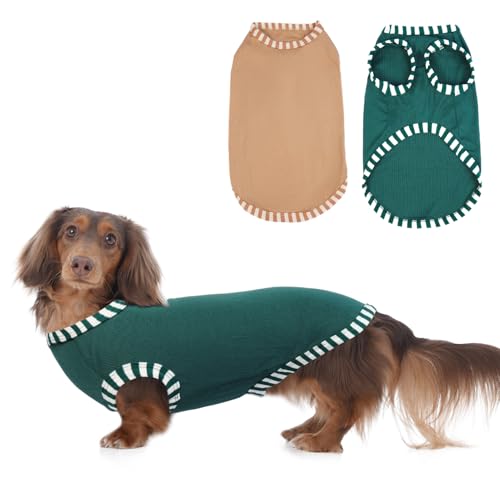 Katzinst 2 Pack Hunde-Shirts, Hunde Shirt für Mittlere Hunde, Ärmellose Weste Gestreifte Ärmel Hunde Kostüme, Shirt für Hunde Schnauzer Bichon Dackel Grün, Khaki M von Katzinst