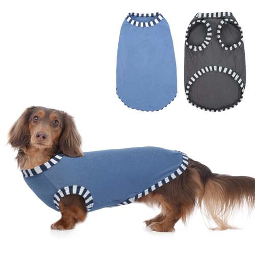 Katzinst 2 Pack Hunde-Shirts, Shirt für Mittlere Hunde, Ärmellose Weste Gestreifte Ärmel Hundekostüme, Sommer Shirt für Schnauzer Bichon Dackel Grau, Blau M von Katzinst