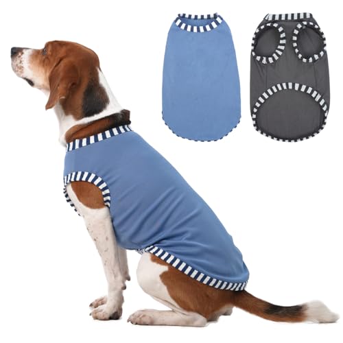 Katzinst 2 Pack Hunde-Shirts, Shirt für Mittlere Hunde, Ärmellose Weste Gestreifte Ärmel Hundekostüme, Sommer Shirt für Beagle Französische Bulldogge Grau, Blau XL von Katzinst