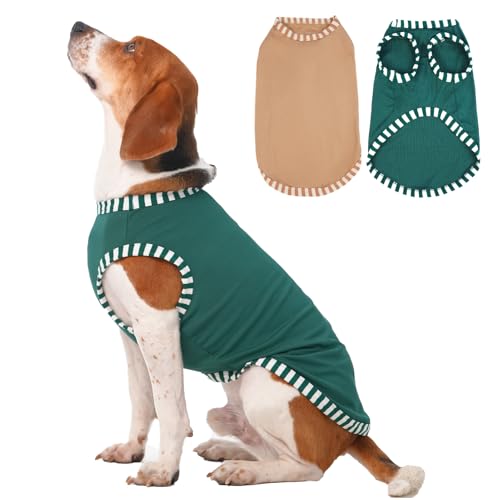 Katzinst 2 Pack Hunde-Shirts, Hunde Shirt für Mittlere Hunde, Ärmellose Weste Gestreifte Ärmel Hunde Kostüme, Shirt für Hunde Beagle Französische Bulldog Bulldog Grün, Khaki XL von Katzinst