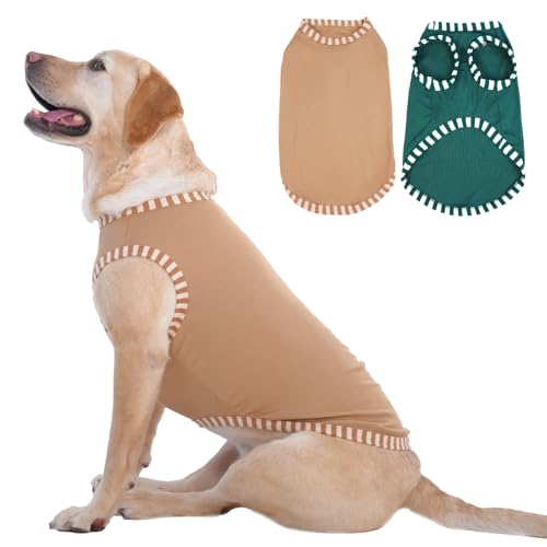 Katzinst 2 Pack Hunde-Shirts, Shirt für Großer Hunde, Ärmellose Weste Gestreifte Ärmel Hundekostüme, Sommer Shirt für Labrador Golden Retriever Border Collie Grün, Khaki 2XL von Katzinst