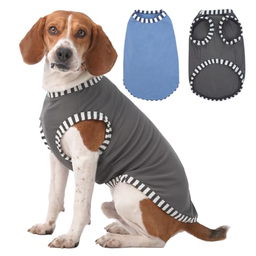 Katzinst 2 Pack Hunde-Shirts, Shirt für Mittlere Hunde, Ärmellose Weste Gestreifte Ärmel Hundekostüme, Sommer Shirt für Beagle Schnauzer Französische Bulldogge Grau, Blau L von Katzinst