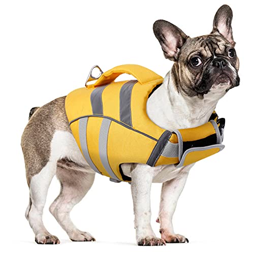Hundeschwimmweste Rettungsweste Badeanzug Hundelebensweste mit Reflektierenden Streifen Verstellbar & Ripstop-Hunde-Lebensretter mit Hoher Schwimmfähigkeit für Kleine Mittel Große Hunde(XL, Yellow) von Katzinst