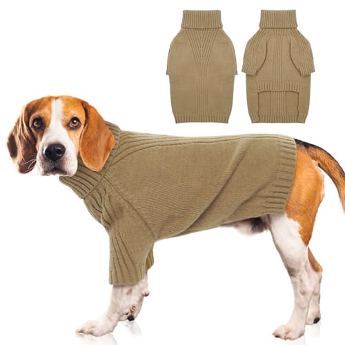 KATZINST Hundepullover Grosse Hunde, Hund Weihnachten Pullover, Warm Rollkragen Strick Hunde Pullover, Hundebekleidung Hundepulli große Hunde Labrador Dobermannpinscher, Gelbbraun 2XL von Katzinst